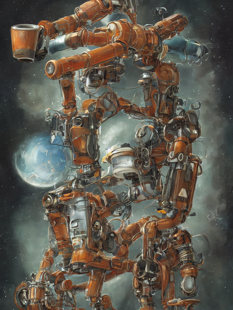 half-length portrait of my friendly empatic robot greets my twitter friends with a fresh cup of hot coffee, by Simon Stalenhaag, by Yoshitaka Amano, by Esao Andrews, sharp focus, fresh colors, deviantart,