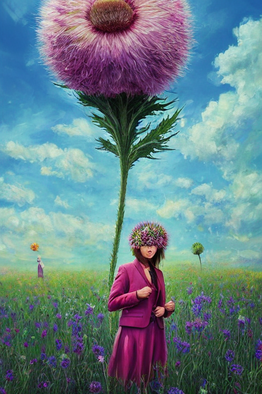 portrait, enormous thistle flower under the head, girl in a suit in a field of flowers, surreal photography, sunrise, blue sky, dramatic light, impressionist painting, digital painting, artstation, simon stalenhag