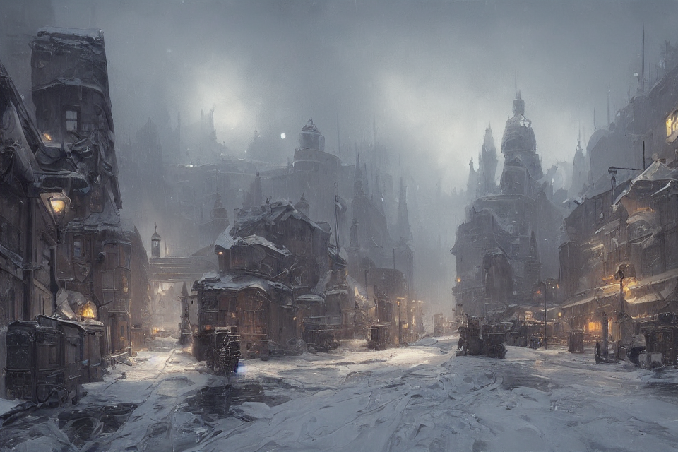 highly detailed painting of dieselpunk stockholm, winter, snow, dystopia, by greg rutkowski, by raphael lacoste, 4 k resolution, trending on artstation