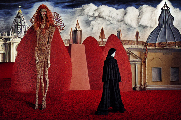 the king of dreams, sandman by neil gaiman, gareth pugh aw 2 0 1 1, in hoc signo vinces, vatican in background, cloud of sand, dreaming, in the style of max ernst, leonora carrying tin, by raqib shaw, intricate composition, red by caravaggio, insanely quality, highly detailed, masterpiece, red light,