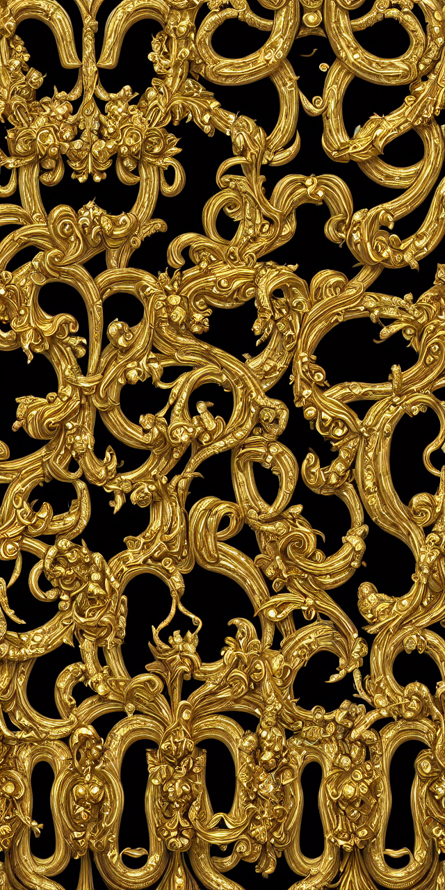 subsurface scattering, seamless 3 d baroque gold and black pattern, beautiful dynamic shadows, gold silver iridescent pearls and swarovski crystals, symmetrical, rococo elements, damask, artstation, versace pattern, concept design art, octane render, 8 k
