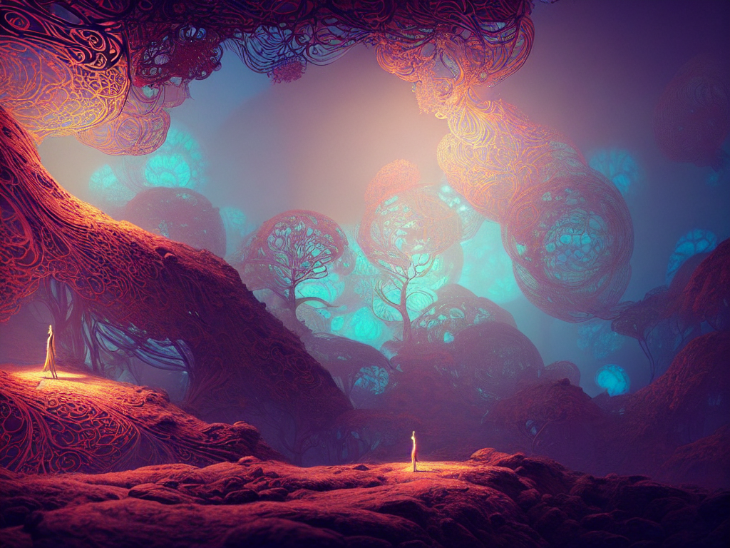 iridescent opalescent landscape, warm tones, bioluminescent : by michal karcz, daniel merriam, victo ngai and guillermo del toro : ornate, dynamic, particulate, intricate, elegant, highly detailed, centered, artstation, smooth, sharp focus, octane render
