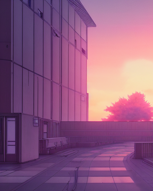 a beautiful photorealistic anime illustration of hospital architecture unfinished building by caspar david friedrich, sci - fi bladerunner 2 0 4 9 retrowave meadow synthwave lake infrared nature sunset, archdaily, wallpaper, highly detailed, trending on artstation.