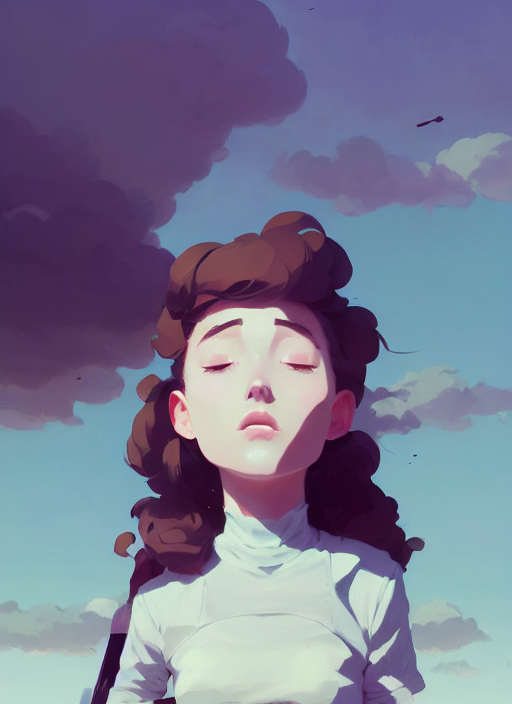 portrait of cute maiden girl cowered, cloud sky background, by atey ghailan, by greg rutkowski, by greg tocchini, by james gilleard, by joe gb fenton, by kaethe butcher, dynamic lighting, gradient light blue, brown, blonde cream and white color in scheme, grunge aesthetic