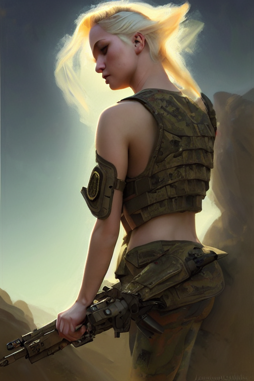 cinematic shot of blonde female soldier with wings on back, stylised military tank top, large wings on back, shiny skin, sexy, small details, realistic poster with volumetric light from jeremy lipkin and michael garmash, craig mallism, artgerm, unreal engine, radiant light, digital art, trends at art station, a masterpiece