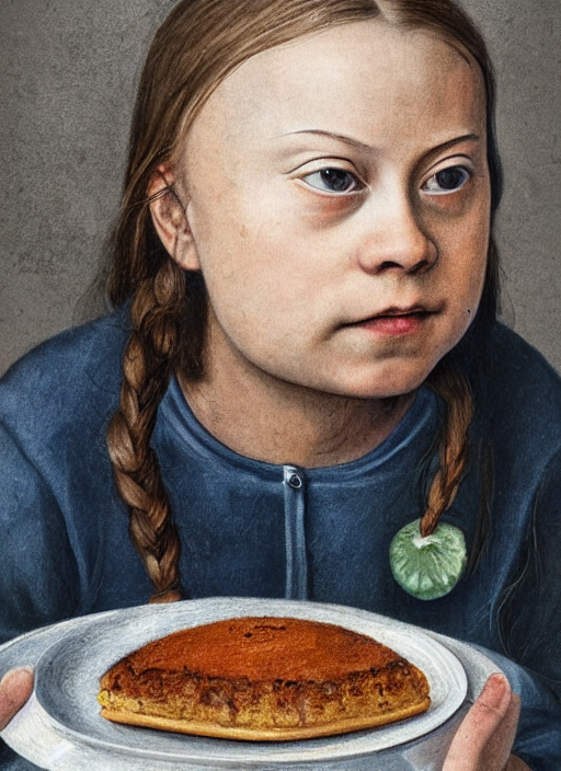 greta thunberg eating cakes painted by hieronymus bosch, detailed digital art, trending on Artstation
