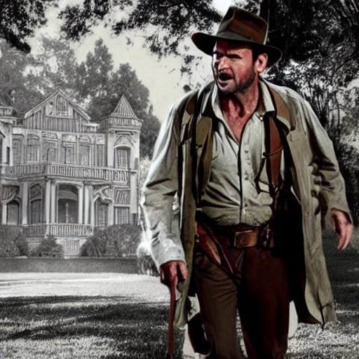 indiana jones explores a haunted mansion, detailed, cinematic, shadow, gothic