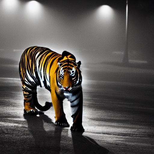 DSLR photograph, magazine cover photograph of a tiger smoking a cigarette in Dhaka at night, foggy
