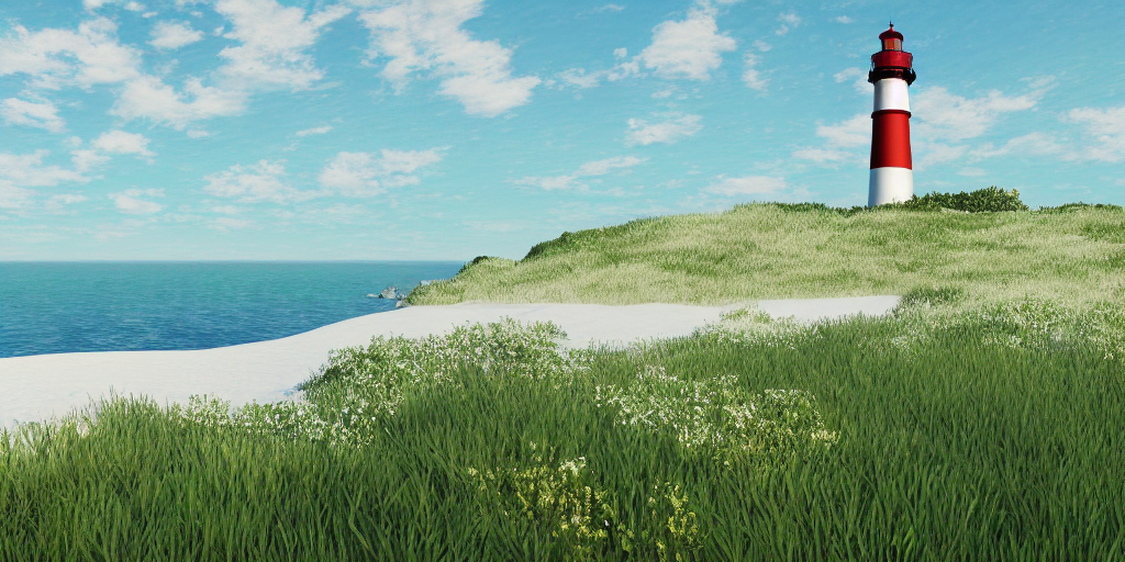 a beautiful shoreline from the view of a hill next to a light house, white sand, grassy fields, Claude Monet, Unreal Engine, trending on art station