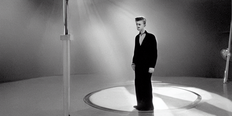 photorealistic medium shot cinematography of a david bowie acting as a man from outter space in a twilight zone episode that takes place in an art deco lab shot on film at magic hour with the sun shining into a large 6 0's hotel lobby room filled with volumetric haze by the shining cinematographer john alcott on a cooke panchro 3 5 mm lens.