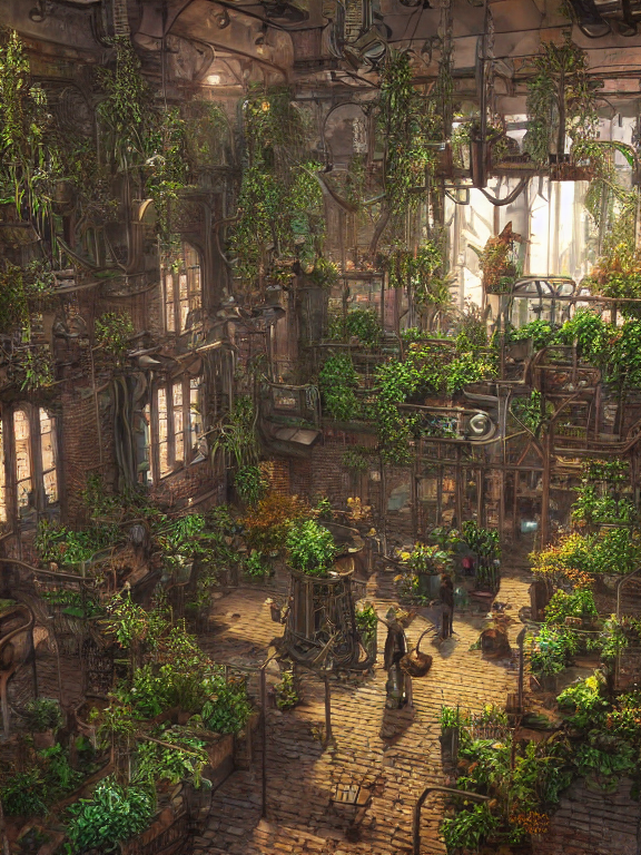 A scenic view of A steampunk hall full of plants in undercity district depth ,by guido borelli ,vray Lumion