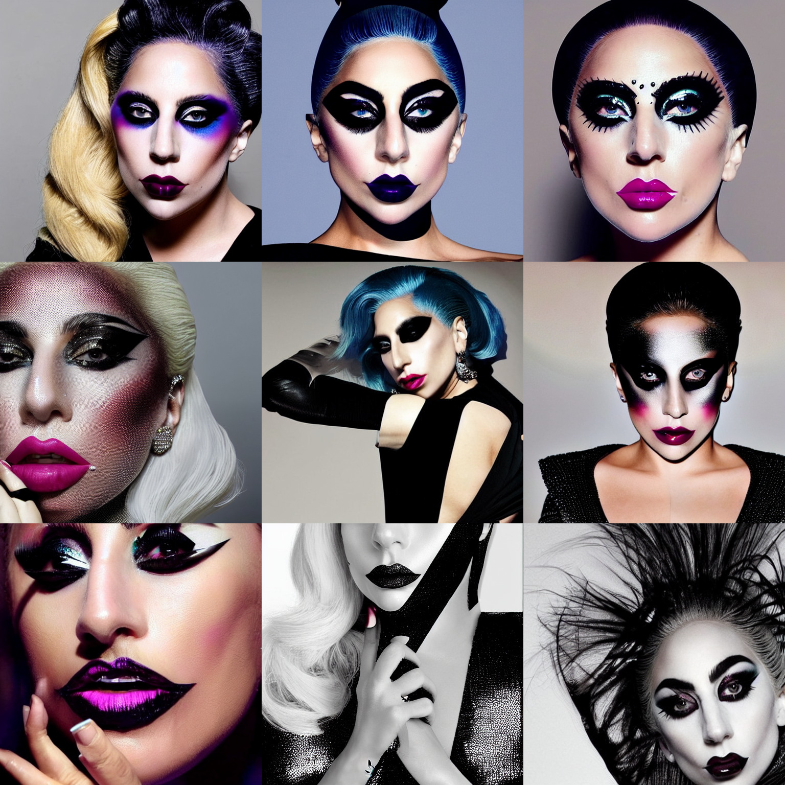 Lady Gaga posing for a makeup shoot wearing geometric makeup, dramatic lighting