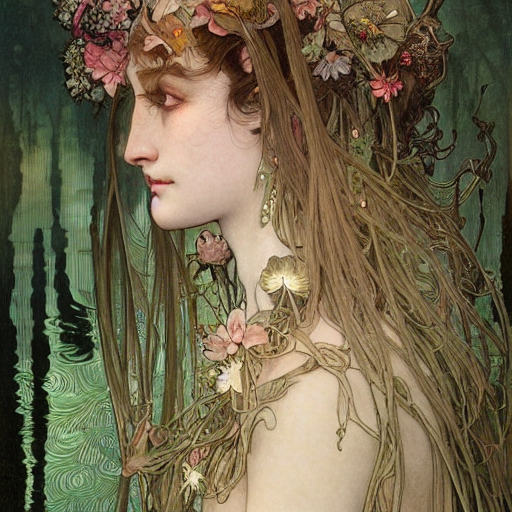 realistic detailed face portrait of a beautiful young swamp witch with lotus flowers in her hair by Alphonse Mucha, Ayami Kojima, Amano, Charlie Bowater, Karol Bak, Greg Hildebrandt, Jean Delville, and Mark Brooks, Art Nouveau, Neo-Gothic, gothic, rich deep moody colors