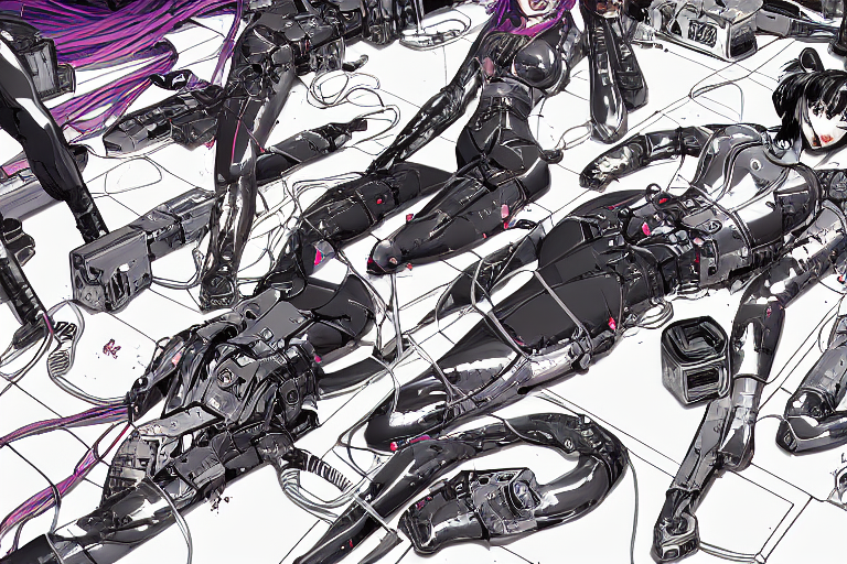 a cyberpunk illustration of a group of coherent female androids in style of masamune shirow, lying on an empty, white floor with their bodies broken scattered rotated in different poses  and cables and wires coming out, by yukito kishiro and  katsuhiro otomo, hyper-detailed, intricate