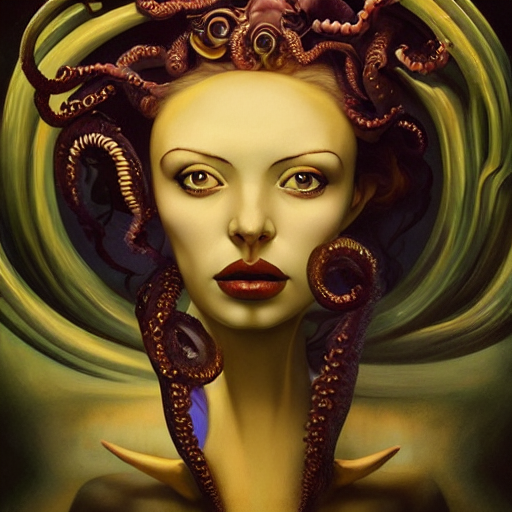 dynamic composition, a painting of a sorcerer with hair of octopus tentacles and sea weed, a surrealist painting by tom bagshaw and jacek yerga and tamara de lempicka and jesse king, featured on cgsociety, pop surrealism, surrealist, dramatic lighting, ornate gilded details