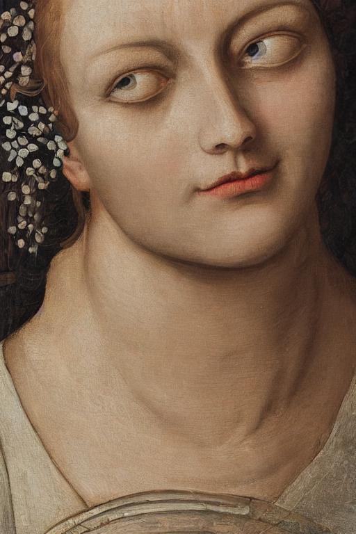 hyperrealism close - up mythological portrait of a medieval woman's shattered face partially made of plum flowers in style of classicism, wearing silver silk robe, dark palette