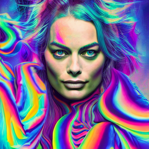 Long Shot of psychodelic Margot Robbie in mysterious astral temple  jumpin with pistol in river of chromatic SPIRITS , beautiful, dmt, trending on artstation, omnious, soft, hypermaximalistic, high details, cinematic, 8k resolution, artwork by Wong, Liam