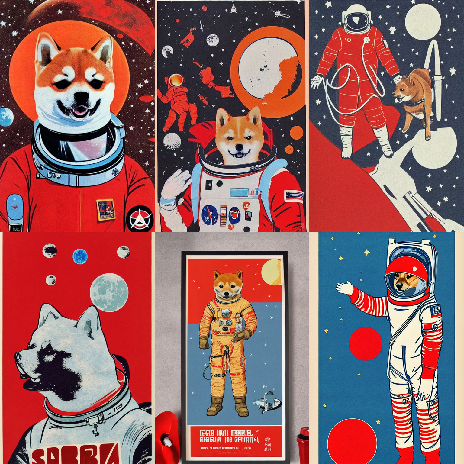 Shiba Inu cosmonaut portrait, Red spacesuit,moon mission,  60s poster, 1968 Soviet Japanese