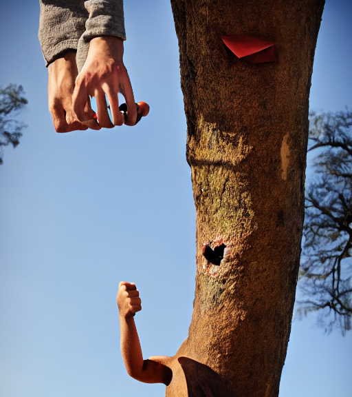 an anthropomorphic tree giving a thumbs up while bouldering, sports photography.