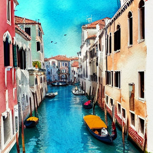 beautiful watercolor delicate painting of venice canal with boats