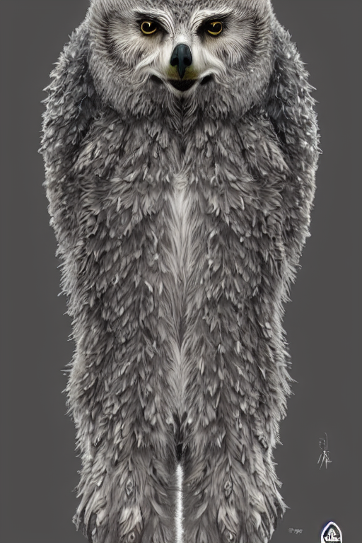 a beautiful upper body shot from a fantasy film of a humanoid grey owlbear wearing a loose tunic. an anthropomorphic owlbear. fantasy, frown, intricate, elegant, highly detailed, digital painting, artstation, concept art, matte, sharp focus, illustration, art by artgerm and greg rutkowski and alphonse mucha