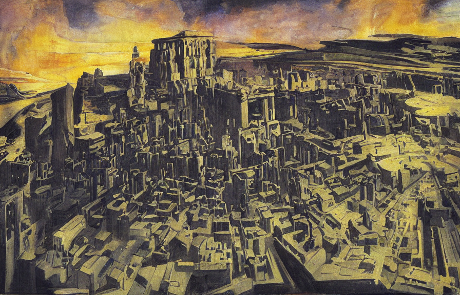 an epic painting by akseli gallen - kallela of a massive city constructed of ancient stone of impossible architecture floating in the astral plane