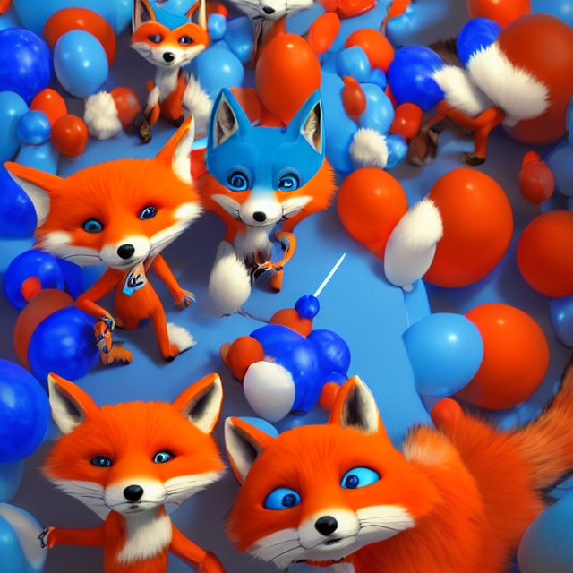 blue+fox,  red+fox and orange+fox are at a birthday-party, isometric 3d, ultra hd, character design by Mark Ryden and Pixar and Hayao Miyazaki, unreal 5, DAZ, hyperrealistic, octane render, cosplay, RPG portrait, dynamic lighting, intricate detail, summer vibrancy, fur, cinematic