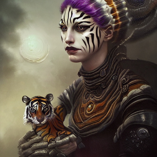 tom bagshaw, soft painting fractal curiosities carnival, very beautiful female tigress mutation in full nightshade gothic armor, accurate features, focus, very intricate ultrafine details, black white purple volumetric clouds, award winning masterpiece, octane render 8 k hd