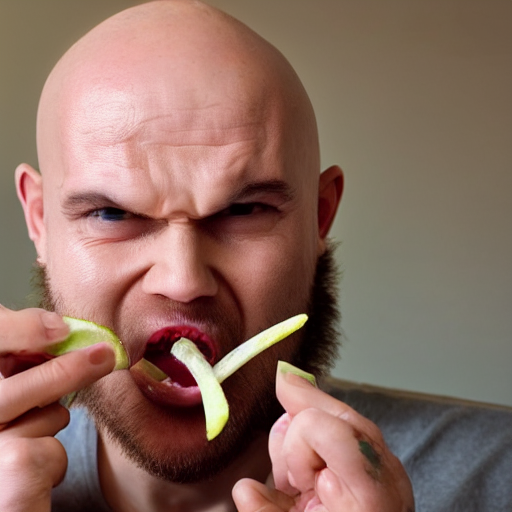 angry bald swedish man biting into a raw lime on live camera