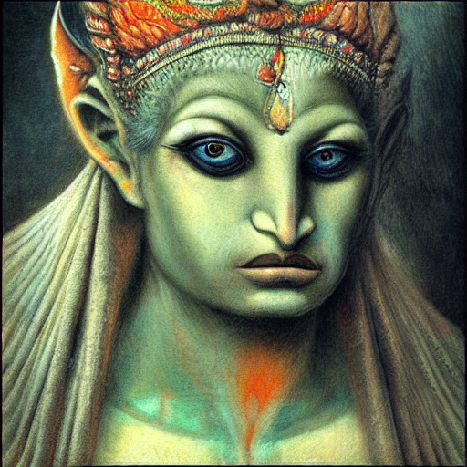 close-up face of female Hindu demon goddess| by Odd Nerdrum| very detailed and colorful |beautiful eerie surreal psychedelic