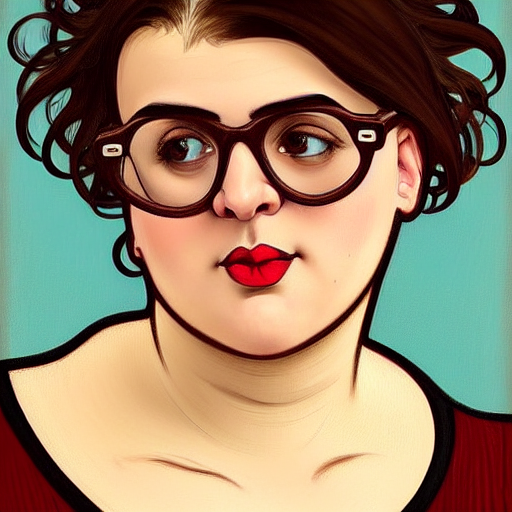 portrait of a curvy stocky romanian woman, brown hair, messy bob, brown eyes, romanian, laugh lines, full upper lip and thin lower lip, round face, round chin, round nose, white glasses, glasses, white reading glasses, librarian, wide shot, digital art, alphonse mucha, loish, art nouveau, 8 k, trending on artstation