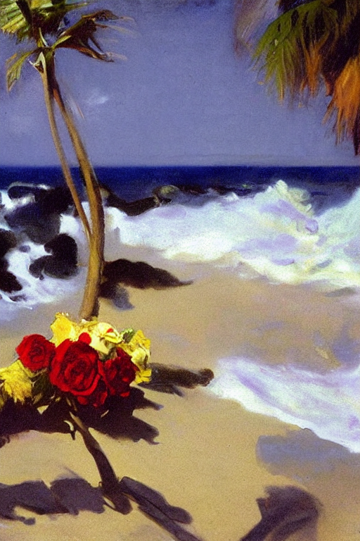 the yellow sun in sky, spray of red roses on the sea surface, a palm on beach, painting by john singer sargent