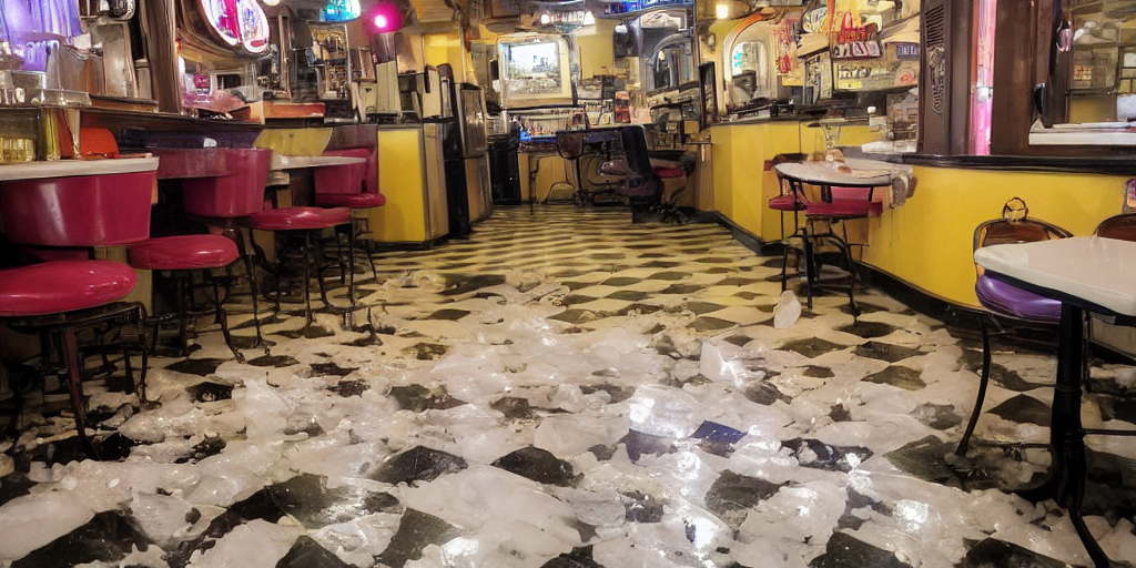 inside a leaking freezer of melting ice cream cases is in an old fashioned ice cream parlor. the leak has made a big colorful puddle of melted ice cream on the floor and the puddle is reminiscent to the shape of werewolf fangs.