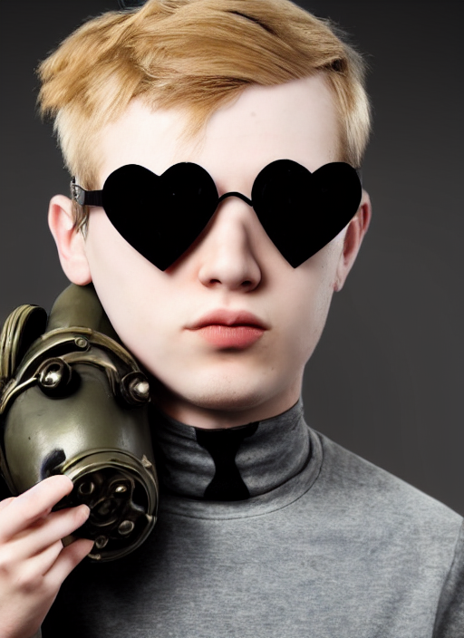 closeup of young russian man with blonde hair wearing heart shaped sunglasses and a gasmask, portrait, extremely detailed, realistic, photorealistic, photo, metro 2 0 3 5