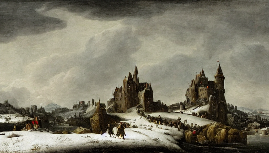 huge castle upon a hill covered in snow with a dark cloudy stormy sky, striking landscape, dramatic scene during the first anglo - dutch war painted by jan beerstraaten