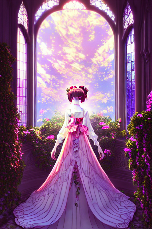 a beautiful hyperdetailed physical render of absolutely beautiful princess that wear rose flower wedding gothic lolita dress clothing stay in blooming flower house alone, beutiful face, dazzling light beam penetrated through the window, perfectly shaded, atmospheric lighting, style of makoto shinkai, raphael lacoste, louis comfort tiffany, artgerm, james jean, ross tran