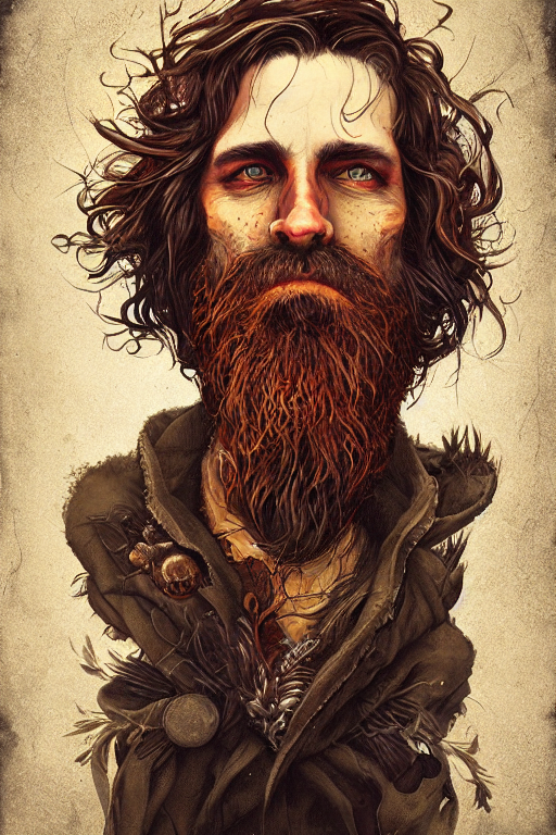 full-body portrait of a majestic hobo, brown and gold, rags, beard, fisheye lens, by Anato Finnstark, Tom Bagshaw, Brom