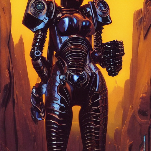 a epic female cyberpunk powered armor, super complex and instruct, epic stunning atmosphere, hi - tech synthetic rna bioweapon nanotech demonic monster horror by syd mead, michael whelan, jean leon gerome, junji ito