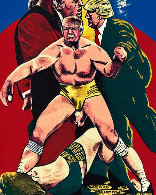vintage illustrated poster of Trump vs Putin wrestling match, hyper realism, high detail, vintage palette, old paper , 8k