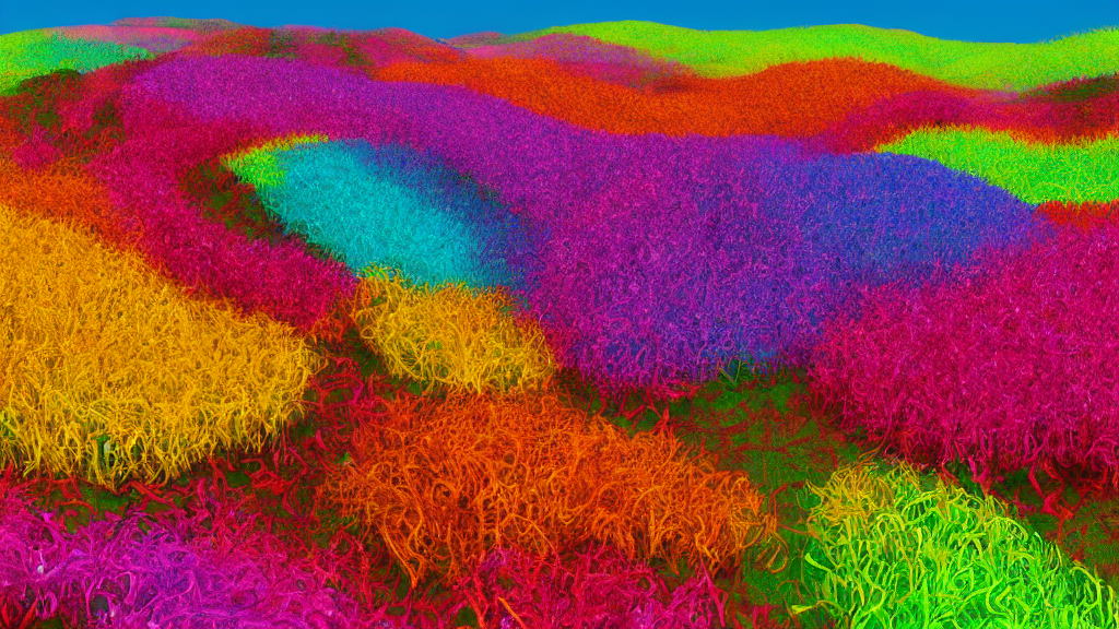 digital illustration of a field of giant vibrant multi - colored chinese bellflowers by dr. seuss, reimagined by ilm and beeple : 1 | megaflora by dr. seuss, spectral color, rolling hills : 0. 9 | fantasy : 0. 9 | unreal engine, deviantart, artstation, hd, 8 k resolution : 0. 8