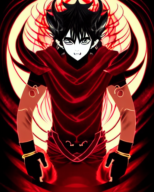 single handsome young demon king man only, evil grin, manga style only, wallpaper aesthetic, black red and gold colors only, symmetrical face, symmetrical full body, demonic, first person view, cinematic, dramatic, super detailed and intricate, hyper realistic, by artgerm, by kyoung hwan kim, by ralph mcquarrie, by yoshiyuki tomino