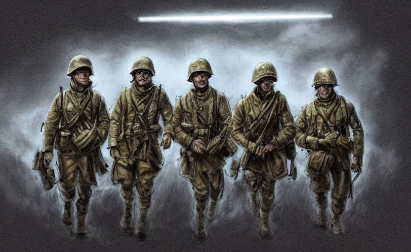 highly detailed, high resolution, character design art, colored sketch, stunning, volumetric lightning, from save private ryan movie, matte, sharp focus, 150mm, illustration, trending on twitter, by pathetic medic, cartoon human anatomy, simple design, ww2 era military gear, soldiers