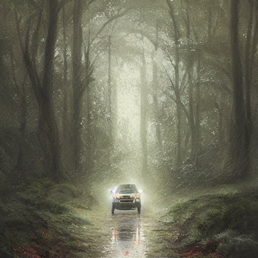 a landrover crossing a forest path while its raining, digital art, artstation, photgraphy, highly detailed, digital painting, artstation, concept art, sharp focus, illustration, art by greg rutkowski and artgerm