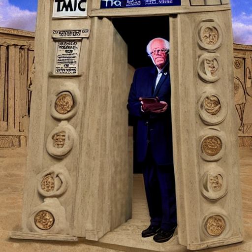 Bernie Sanders as Doctor Who travelling through ancient Mesopotamia in the TARDIS