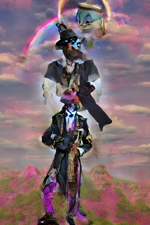 Ethereal safari landscape with a pink rainbow sky under a god moonstone, black leather and embroidered Lolita dapper bespoke avant-garde tuxedo in velvet, black and gold rich color, dramatic cinematic lighting, featured on Artstation, extremely detailed by Lisa Frank
