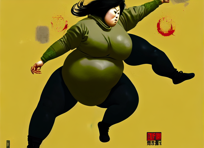 duotone olive green gray illustration 3 / 4 portrait of fat woman fighting bruce lee style. dynamic chaotic composition random golden renaissance proportion. author sachin teng and sergei wheelsov and ruan jia and heng z. graffiti art, scifi, sci - fi, hyper detail. octane rendering. concept art. trend on artstation