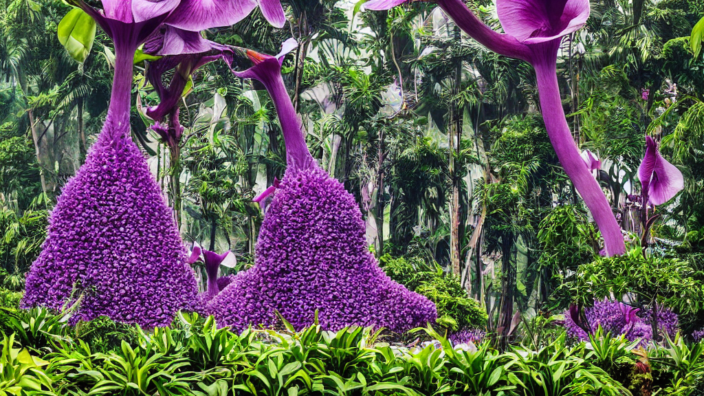 giant purple orchid growing of out gardens by the bay in singapore. andreas achenbach, artgerm, mikko lagerstedt, zack snyder, tokujin yoshioka