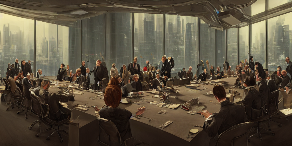 cinematic film shot of politicians arguing with each other at a large boardroom table in front of large skyscraper windows by jorge jacinto, death stranding art style, vibrant colors, intricate, high detail, digital painting, ultra realistic, cinematic lighting, wide angle cinematography, artstation, 3 5 mm film grain