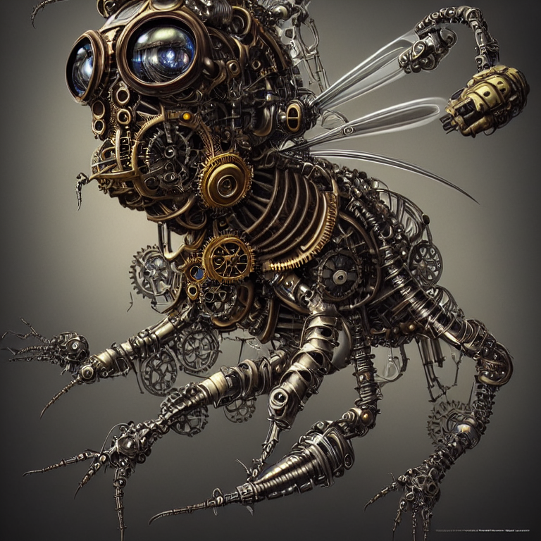 steampunk cybernetic biomechanical bee, very coherent symmetrical artwork, 3 d model, unreal engine realistic render, 8 k, micro detail, intricate, elegant, highly detailed, centered, digital painting, artstation, smooth, sharp focus, illustration, artgerm, tomasz alen kopera, wlop