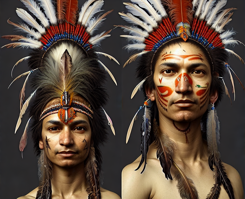 very sharp ultra detailed indigenous with feather headdress, amazon indian peoples in brazil, physically based rendering, defined features by ellen jewett, tomasz alen kopera and justin gerard
